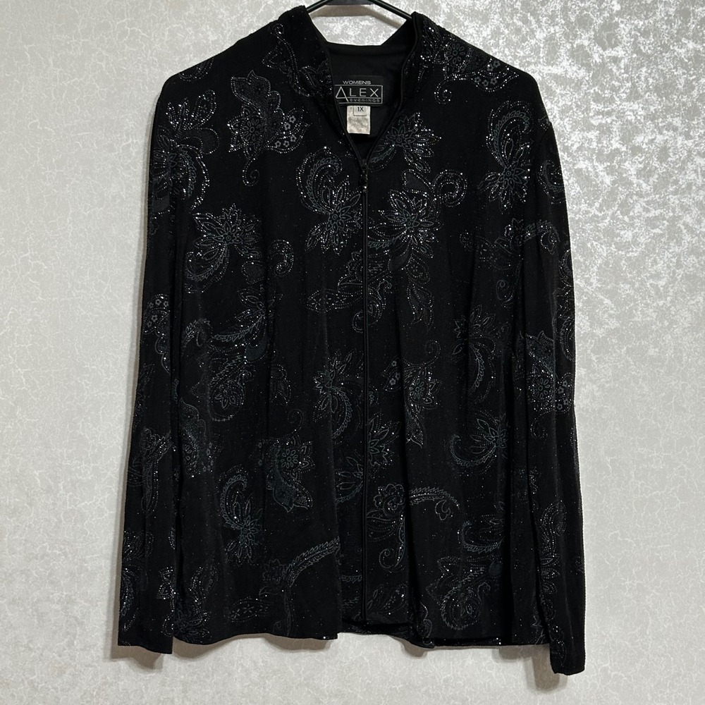 Alex Evenings VTG Jacket Black Silver Metallic Floral Paisley Glitter Zip Up 1X